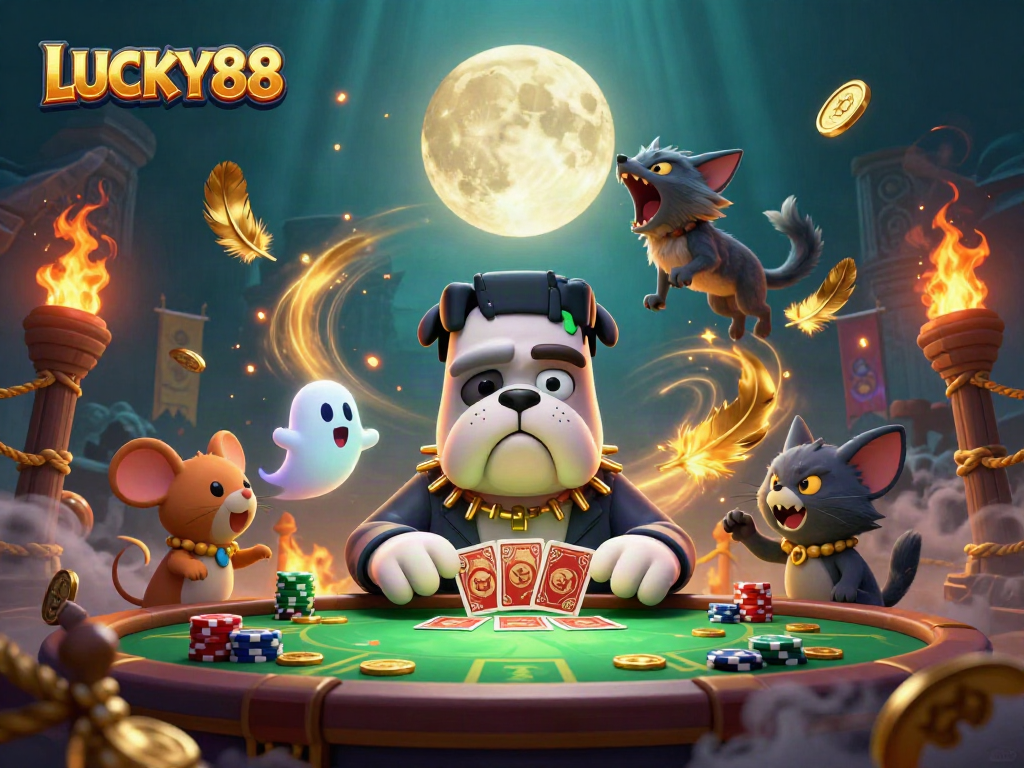Experience LUCKY88 excitement with a lively scene of a Frankenstein bulldog dealing cards at a haunted casino table.