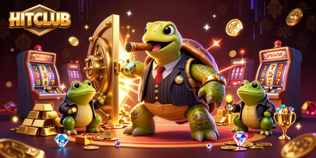 Experience HITCLUB's thrilling atmosphere with a snapping turtle mobster and bullfrogs at an exciting casino.