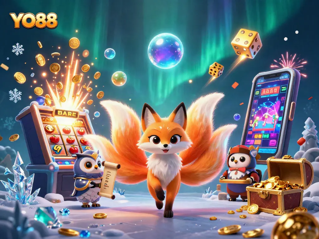 Spin and win at YO88 with a vibrant display of a luminous nine-tailed fox and casino riches