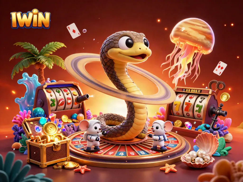 Spin to win with IWIN's vibrant casino action featuring a roulette wheel made of Saturn's rings and colorful game elements.