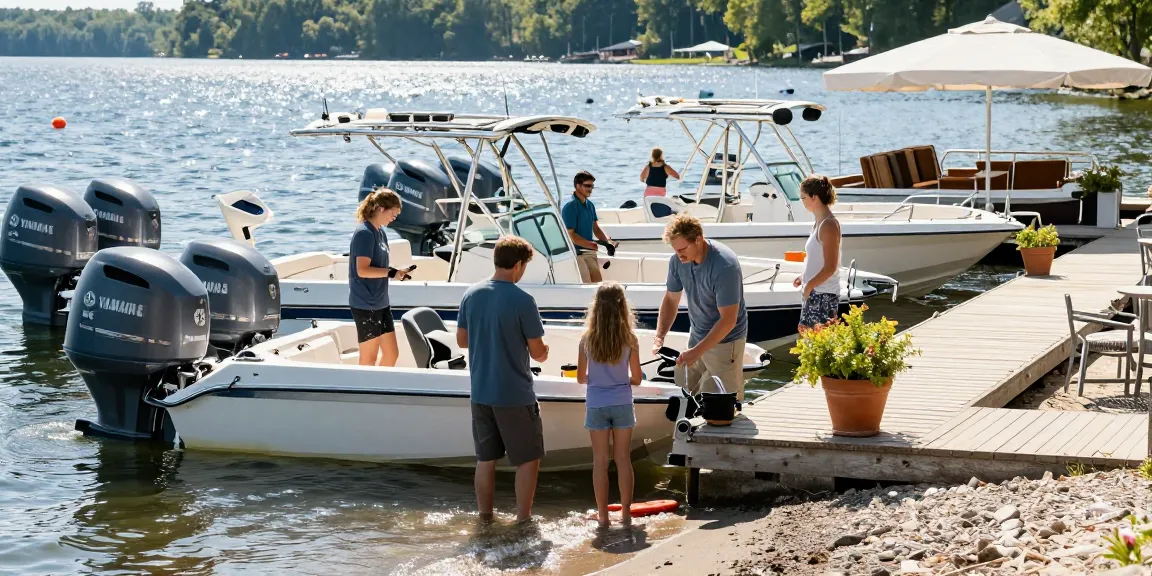 Yamaha dealer experience at Mountain Trout House Marina with family engaged in boat maintenance.