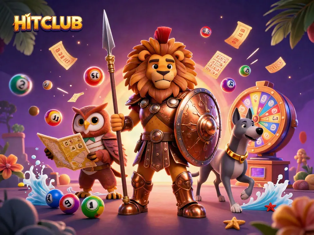Experience the excitement of HITCLUB gaming with vibrant visuals of dynamic lottery elements and characters.