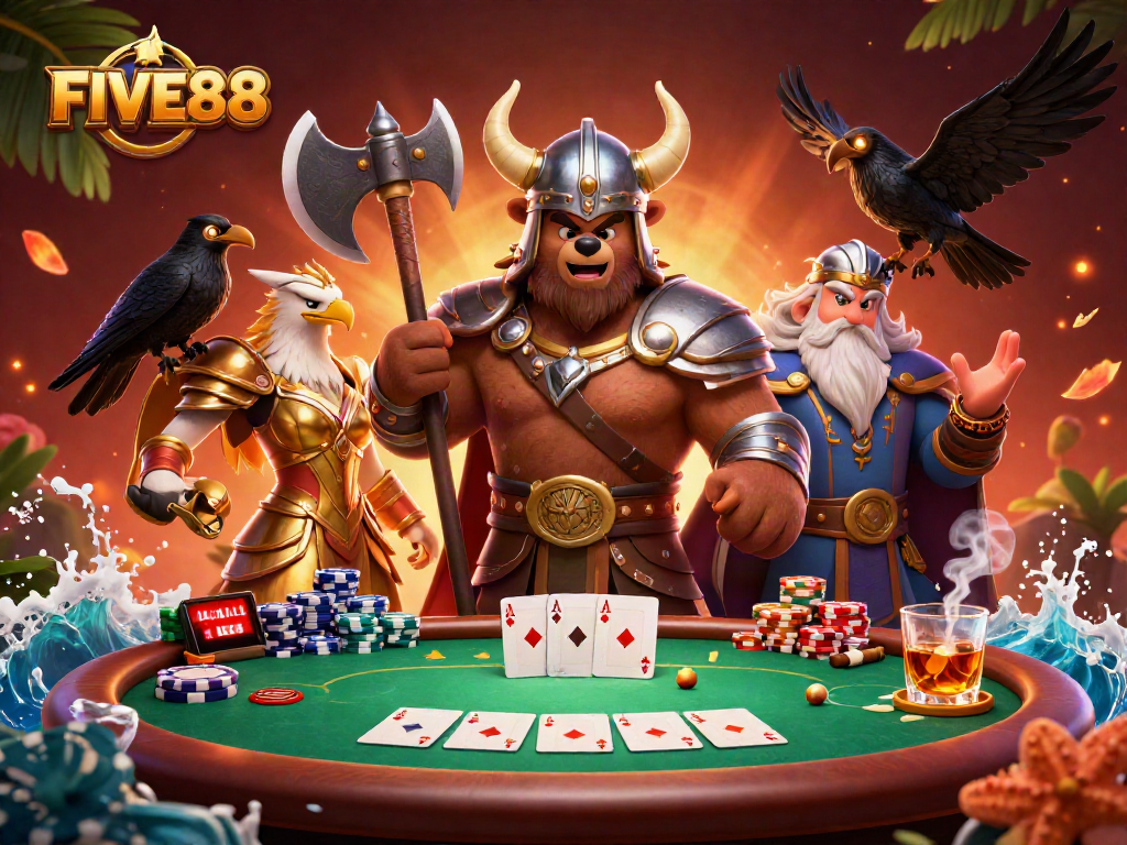 Experience exhilarating action at FIVE88 with this vibrant casino-themed 3D illustration.