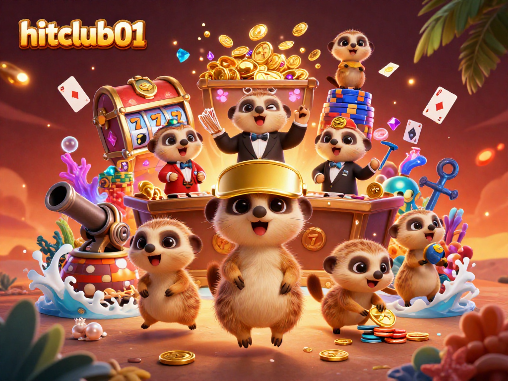 Experience thrilling gaming action at hitclub01 with meerkats running a lively casino, showcasing vibrant slots and dynamic treasure elements.