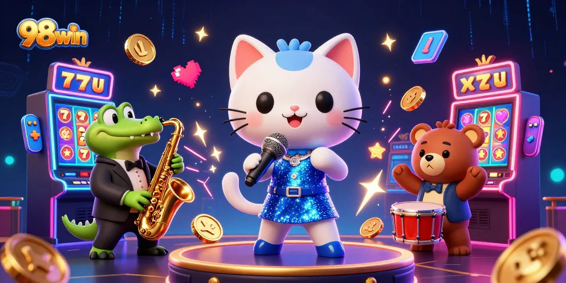 Catch the excitement with 98win's vibrant casino scene featuring playful characters and engaging games.