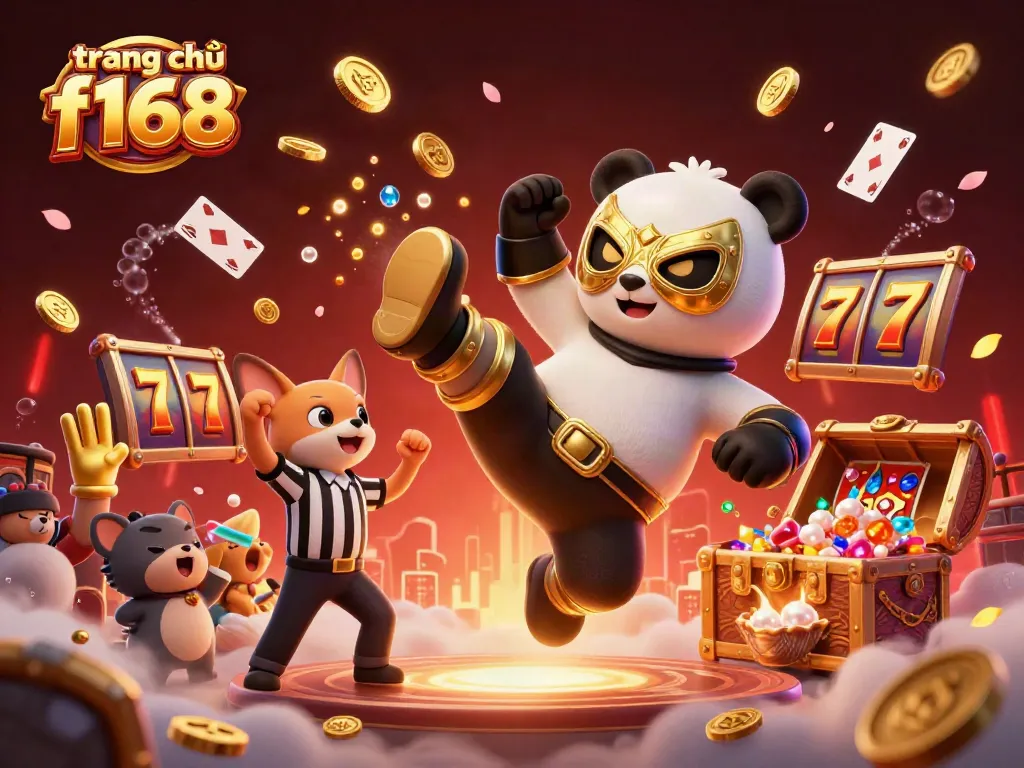 Engaging action at trang chủ f168 with a panda wrestler kicking in a vibrant casino atmosphere.