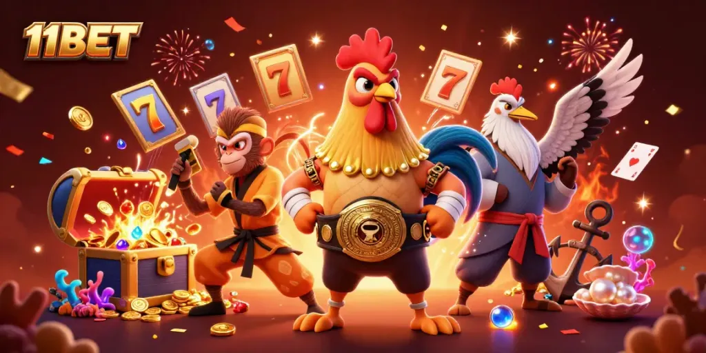 Engage with the excitement of 11BET featuring dynamic characters amidst casino-themed elements and vibrant visuals.