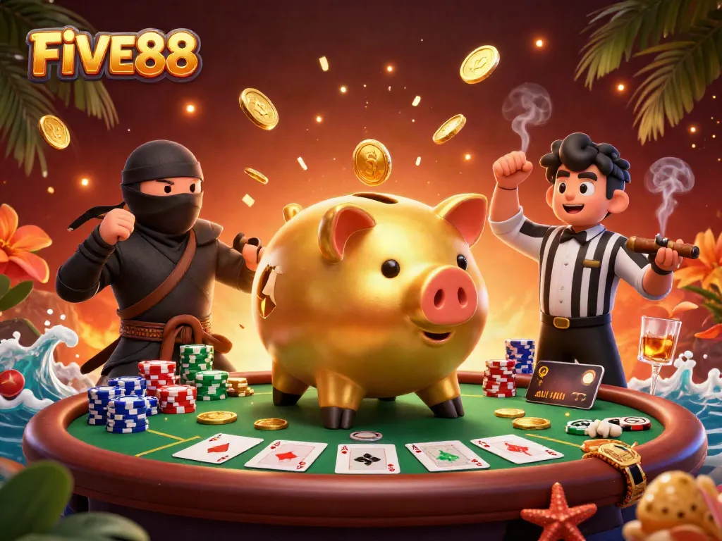 Spin your luck with FIVE88 and experience thrilling casino action in a vibrant 3D scene.