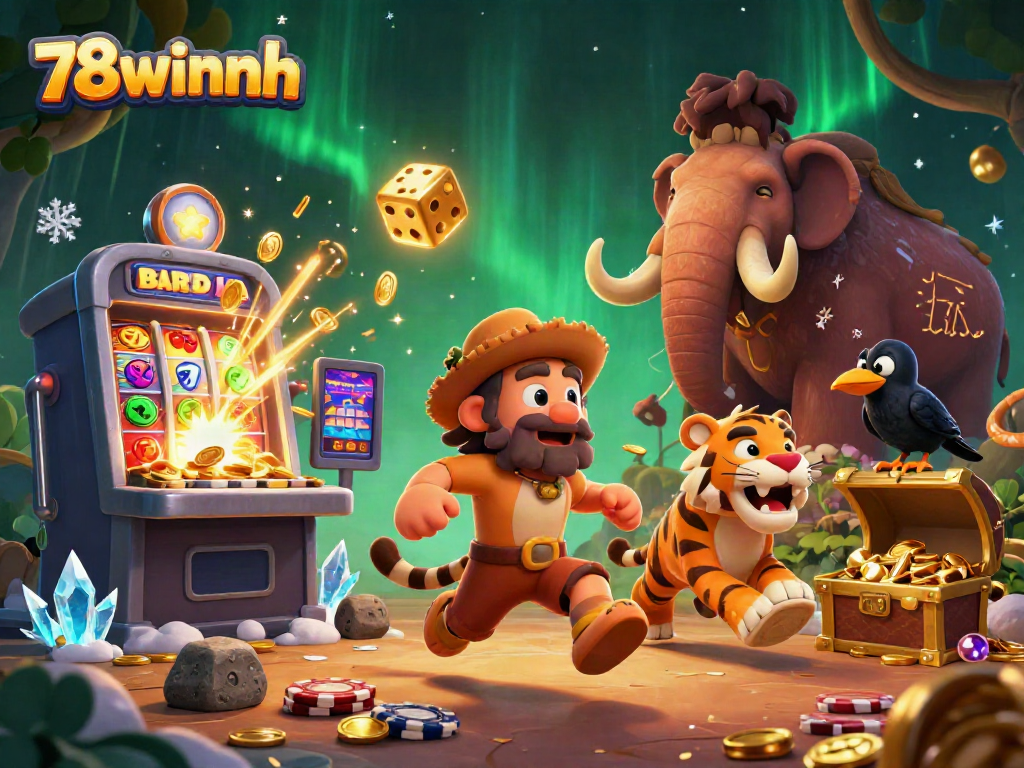 Engage in exciting gaming at 78winnh featuring a dynamic prehistoric casino scene with colorful slot machines.