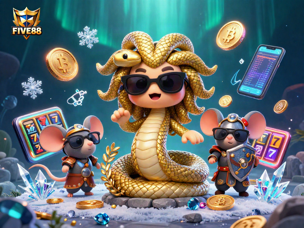 Engage with FIVE88's vibrant casino adventure featuring cute Medusa and crypto-themed elements.