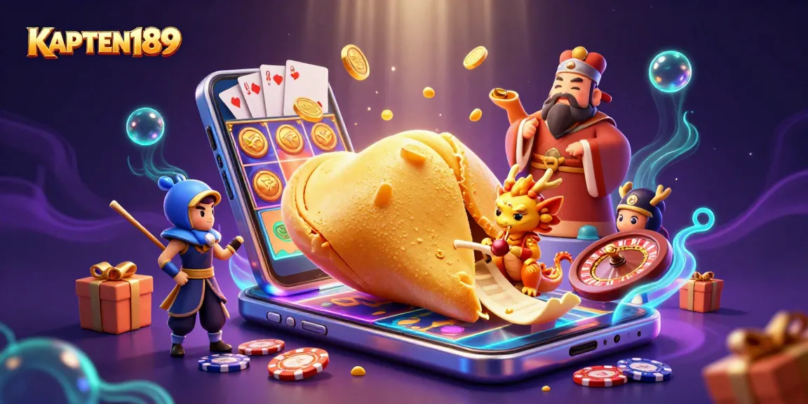 KAPTEN189 menampilkan ilustrasi 3D yang kaya dengan elemen slot dan keberuntungan dalam suasana kasino yang magis.