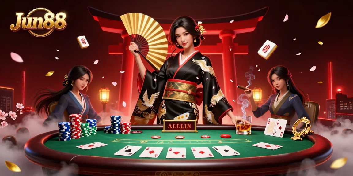 Engage with Jun88's exciting casino scene featuring a photorealistic Asian woman, poker elements, and a vibrant atmosphere.
