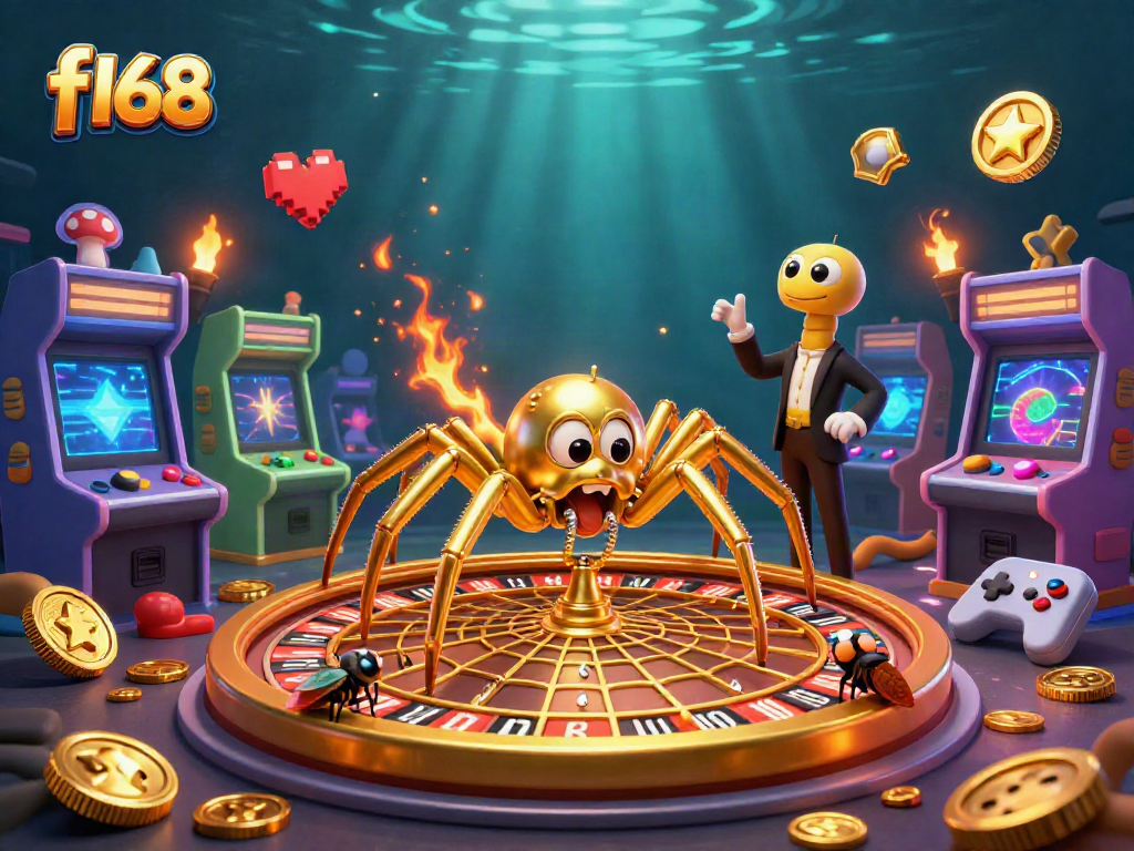 Place bets at f168's vibrant casino scene with a roulette wheel and dynamic gaming elements.