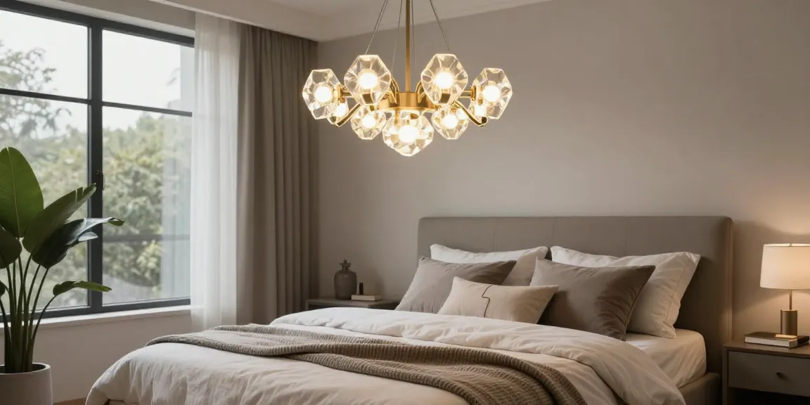Candelabru dormitor elegant într-un interior modern, cu atmosferă cozy și iluminare ambientală plăcută.