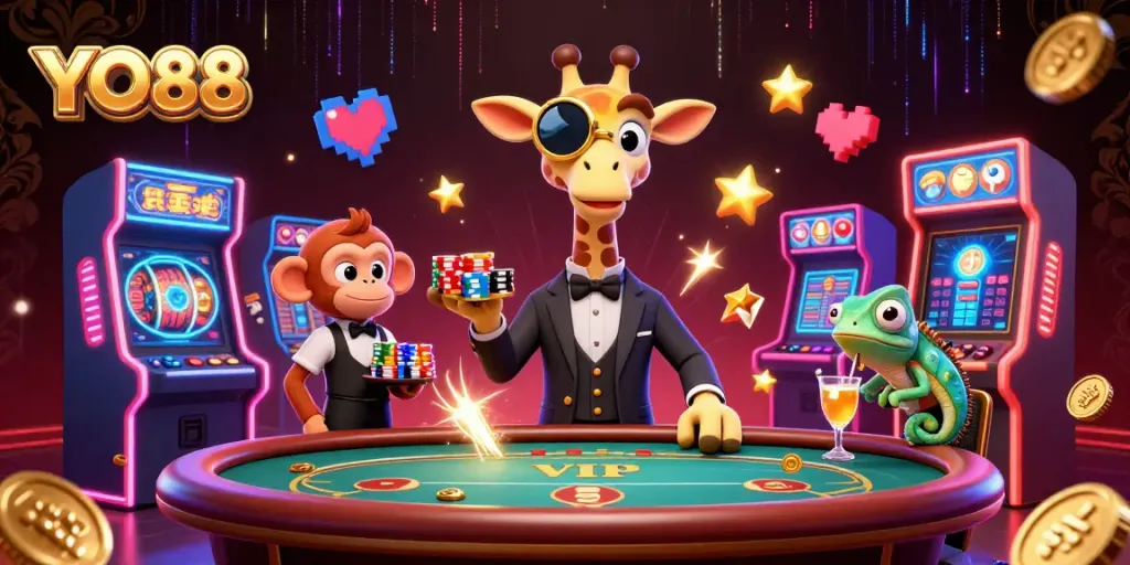 Experience the excitement at YO88 casino with vibrant games and animated characters in an immersive 3D scene.