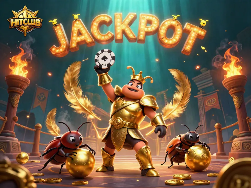 Engage in gaming excitement with HITCLUB through a vibrant casino scene featuring unique characters and elements.