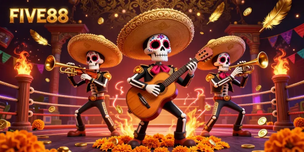 Engage with FIVE88's vibrant casino scene featuring a Day of the Dead mariachi band and dynamic gambling elements.