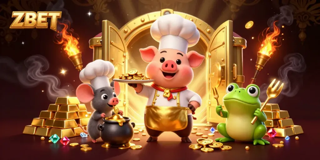 Experience ZBET's vibrant casino world with the gourmet chef pig serving treasure, igniting excitement!
