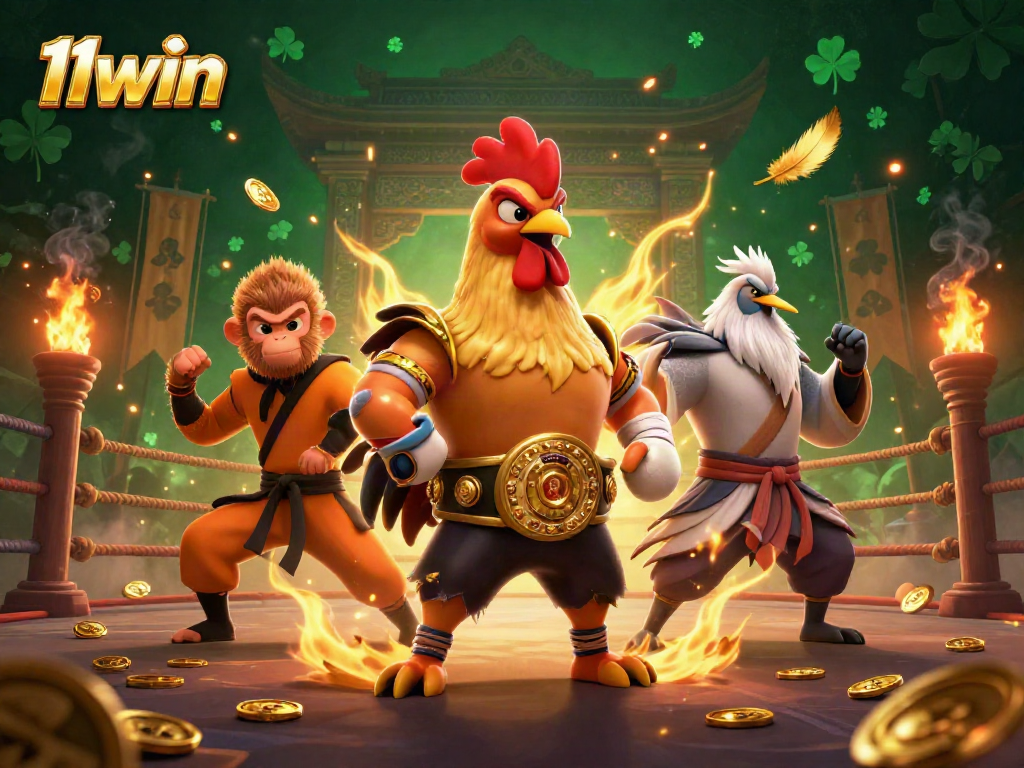 Engage in thrilling action with 11win's dynamic casino characters amidst golden coins and ember effects.