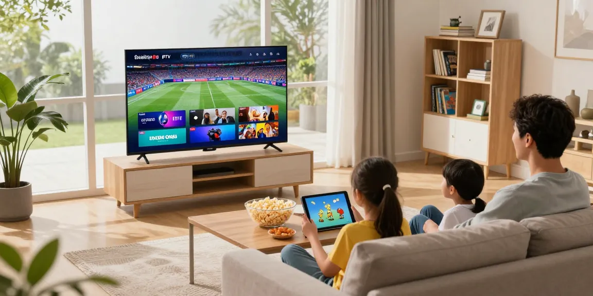 Family enjoying Meilleur iptv Canada in a cozy living room with vibrant channels.
