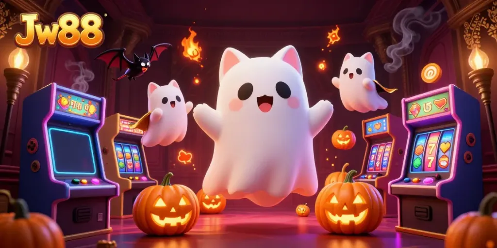 Engage with Jw88 in a vibrant haunted casino scene featuring ghostly elements and gaming excitement.