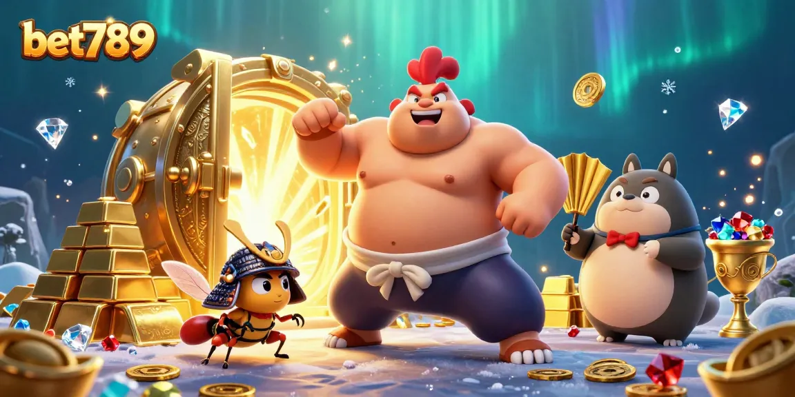 Experience the excitement of bet789 with a dynamic casino scene featuring a powerful sumo rooster.