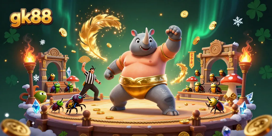 Experience the thrilling atmosphere of gk88 with a vibrant 3D illustration of a beetle sumo match.