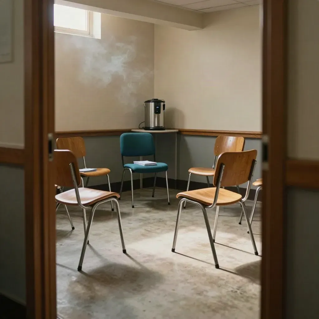 Community room chairs in a circle, face-down name tents, and a cooling coffee urn in soft daylight.