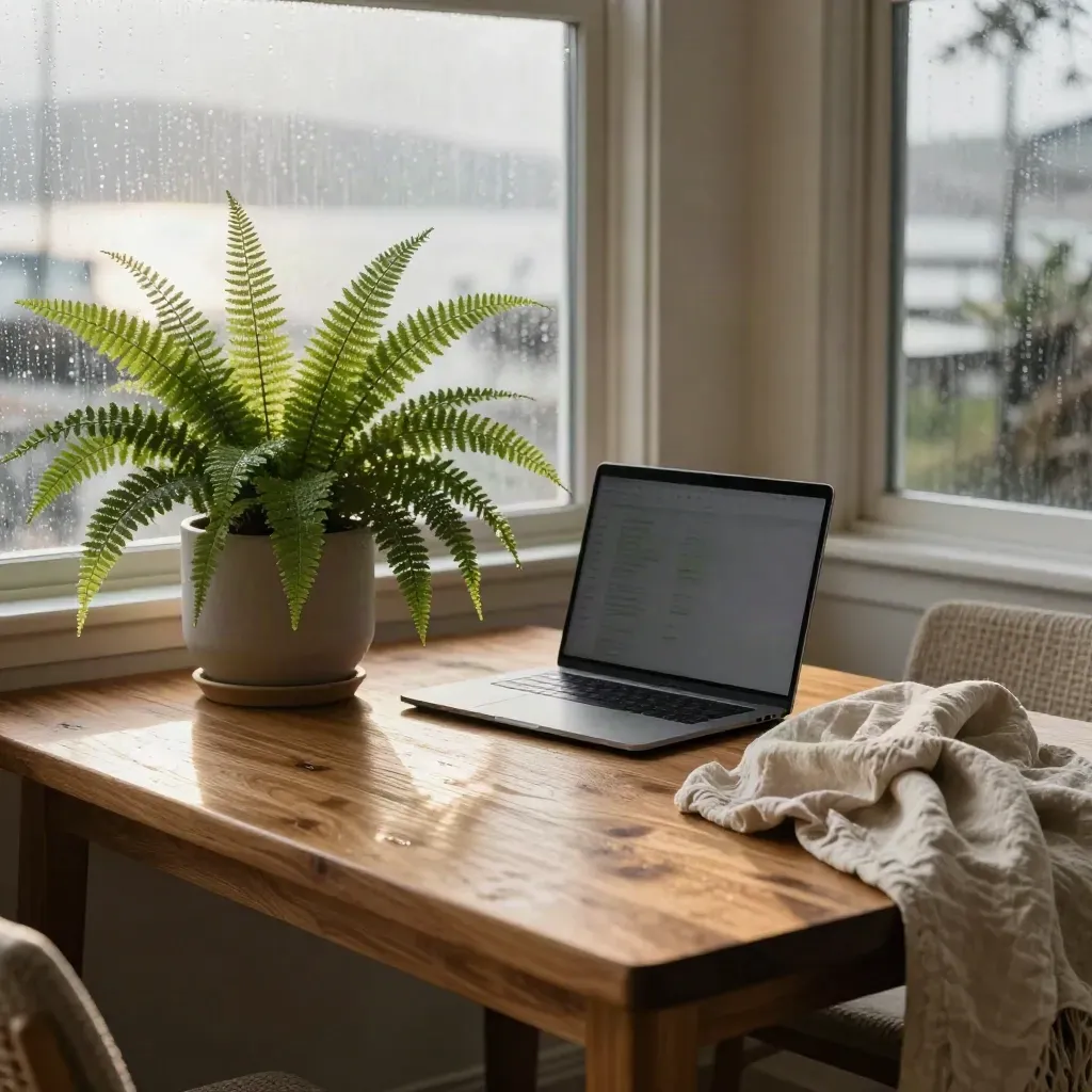 Cedar nonprofit meeting nook with fern, closed laptop, linen throw, and harbor light after rain.