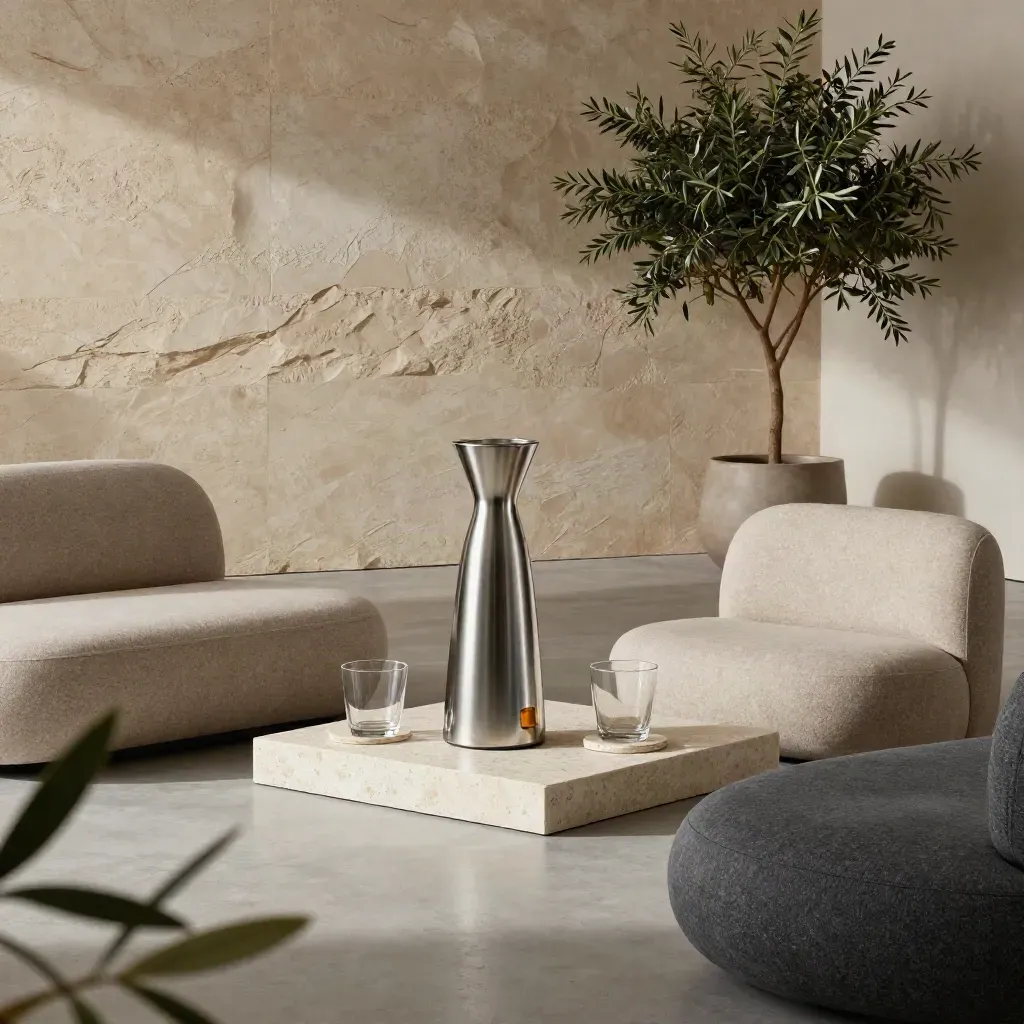 Brushed steel carafe beside modular seating in an Alberta boardroom corner with winter light.
