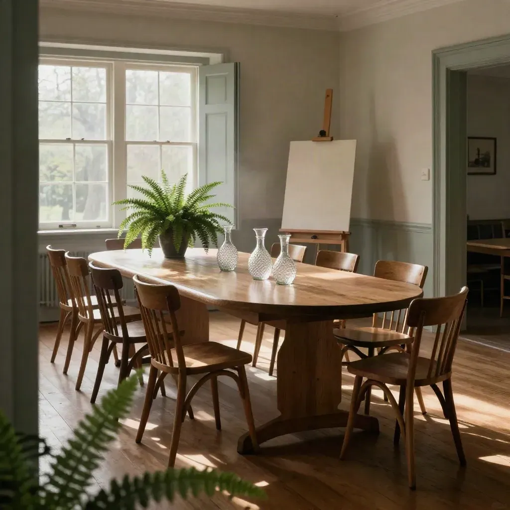 Heritage hall consultation setup with oak table, chairs, fern, easel pad, and rainlit haze