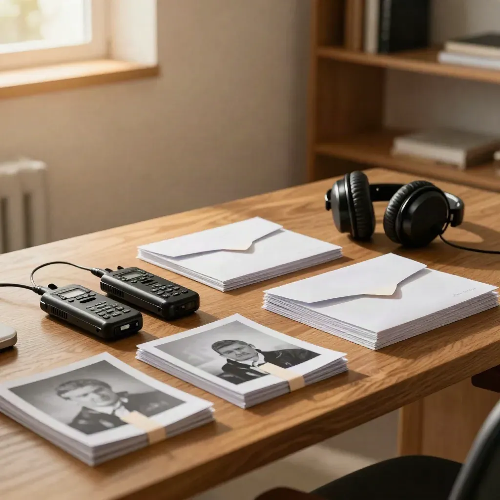 Audio recorders, headphones, and interview packets on a warm research desk in soft window light