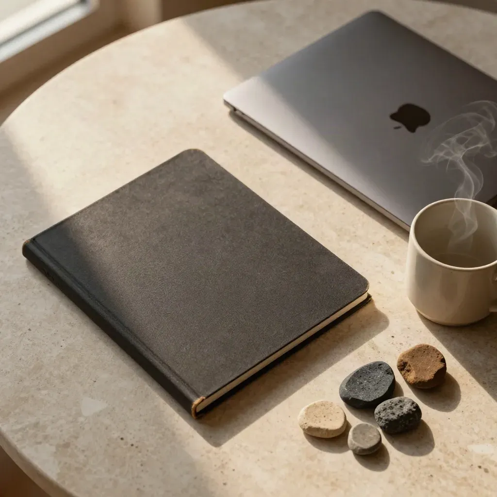Overhead of a closed binder, muted laptop, steaming mug and color chips on travertine.