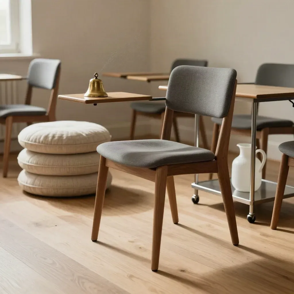 Empty facilitation room reset with aligned chairs, cushions, bell and a cart with a white jug