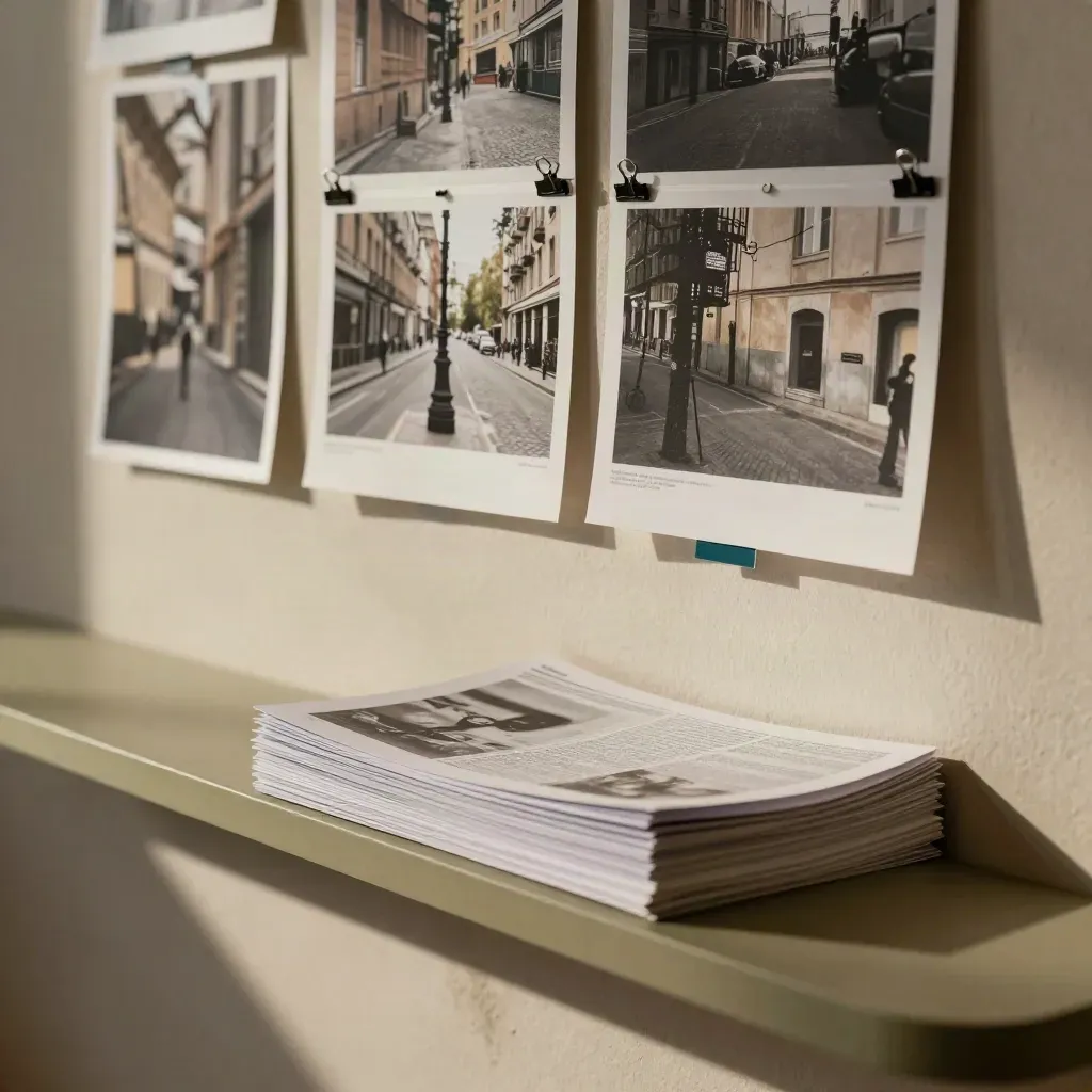 Anonymous photo prints, colour tabs, and face-down report folders on a reporting wall.