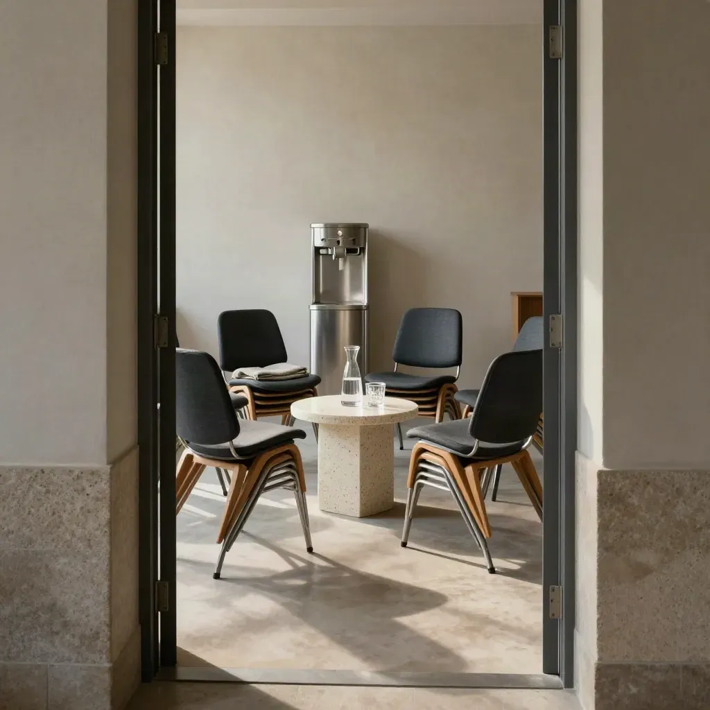 Empty consultation room with chairs, water carafe, and soft morning light through a doorway.