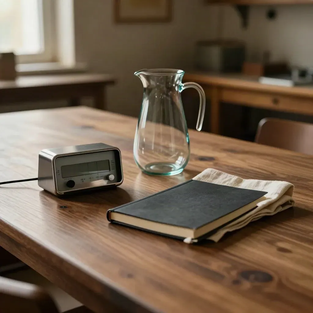 Timer, glass jug, and face-down notebook on a walnut workshop table in warm light.