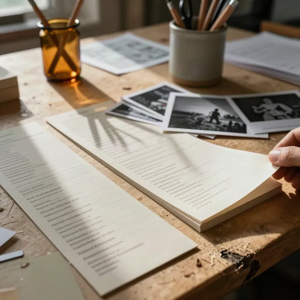 Index cards, clipped prints, and a pencil cup sorted on a birch workshop table.