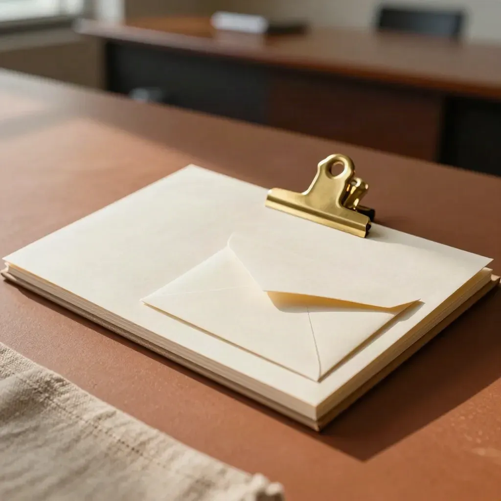 Cream folder, brass clip, and sealed envelope on terracotta clay in a refined board brief setup.