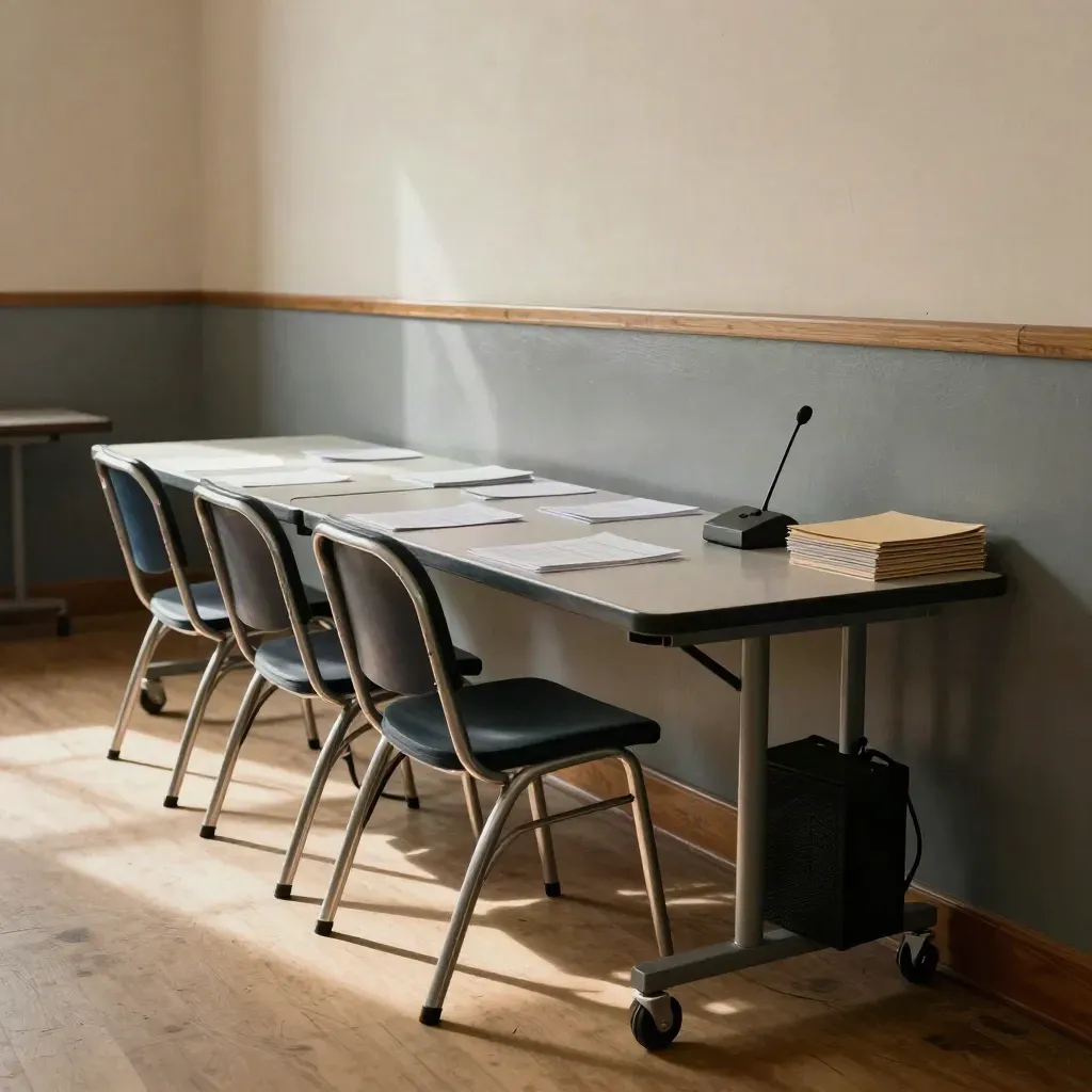 Town hall prep table with chairs, speaker cart, and folded handouts in a dusty hall.