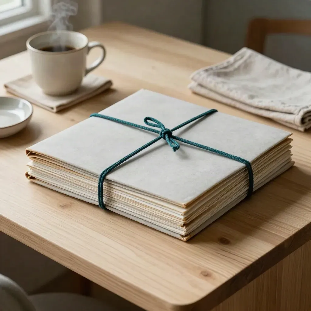 Top-down strategy folder stack on maple desk with cream cup, cloth and soft window light.