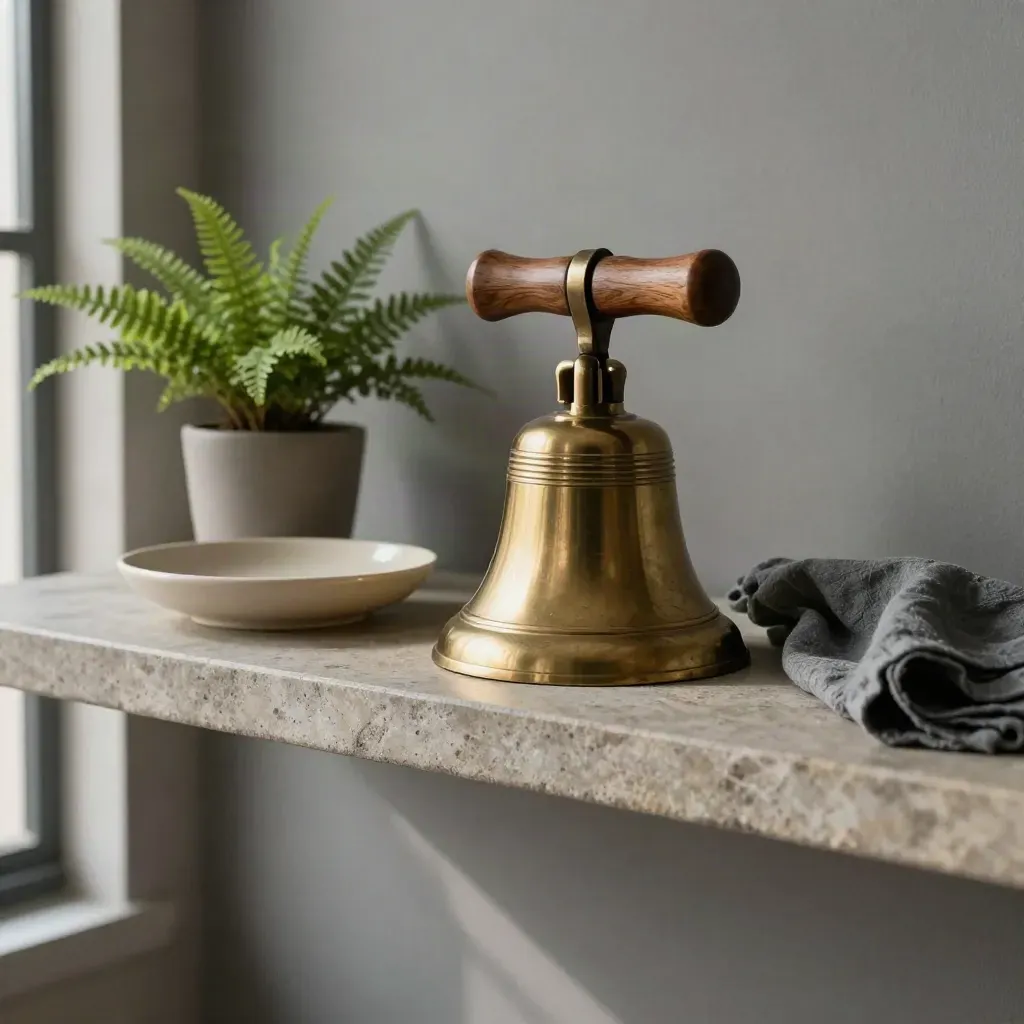 Brass council bell, ceramic dish and fern on a stone shelf in soft window light.