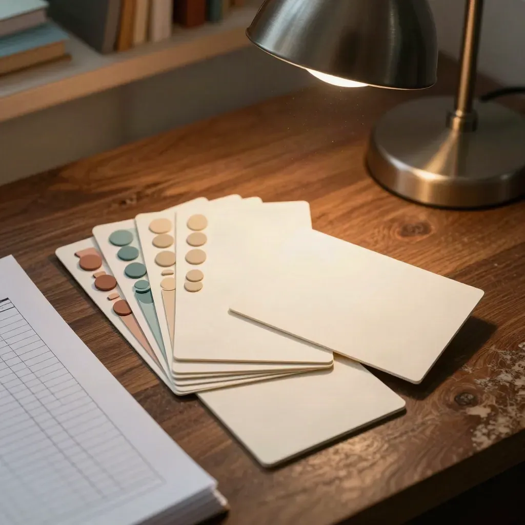 Overhead survey test cards, response chips, and a desk lamp on a warm tabletop.
