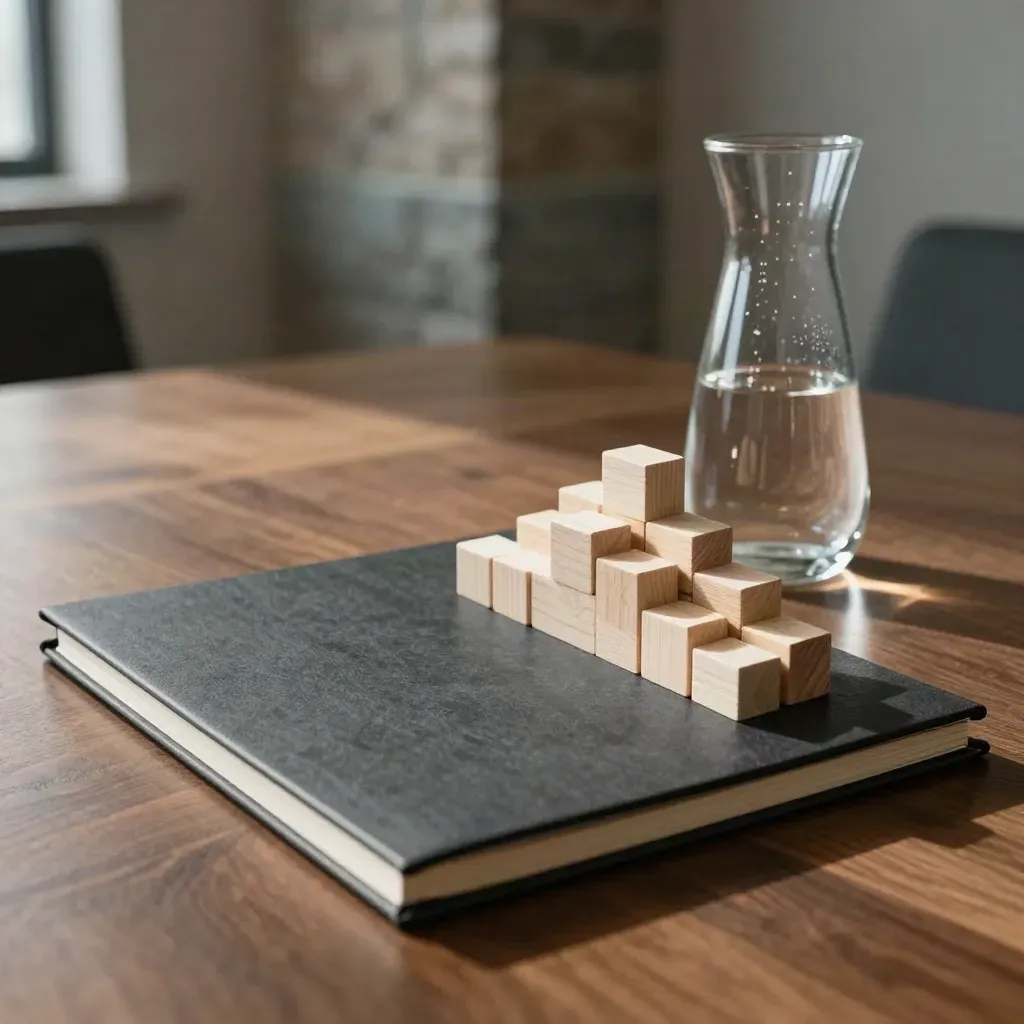 Proposal folder, model blocks, and a glass carafe on a boardroom table, low hero angle.