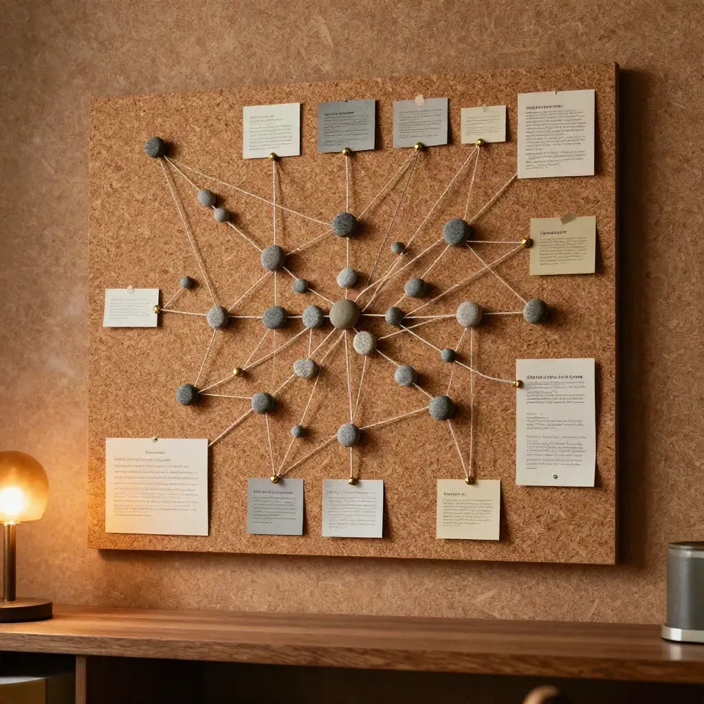 Cork impact map with thread, pins, and stones on a warm wall, softly lit.