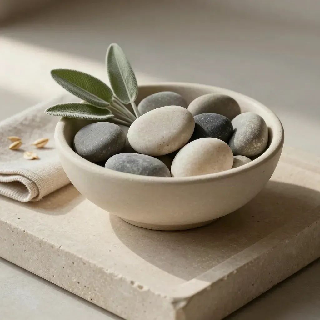 Ceramic listening bowl with speaking stones, sage sprig and folded linen on a stone tray.