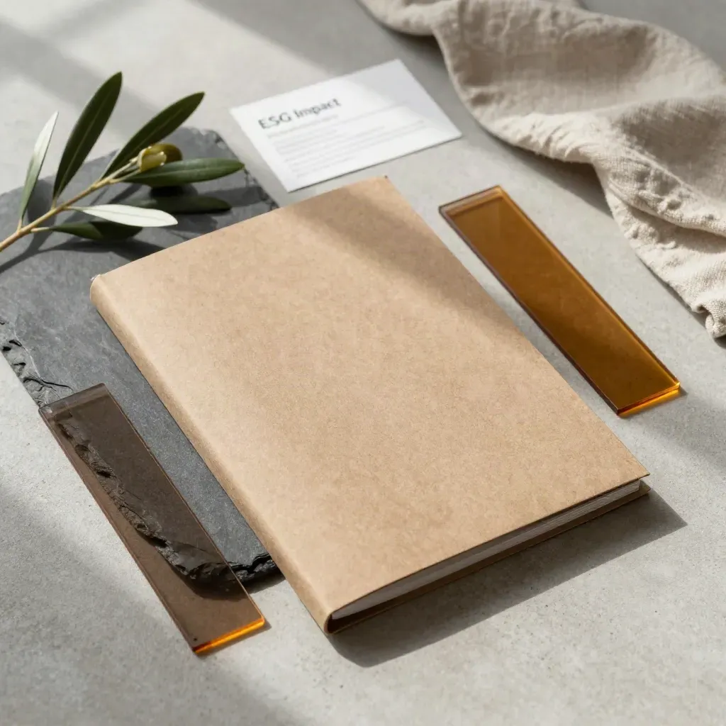 Overhead report pack with slate tile, olive branch, and linen on pale concrete.
