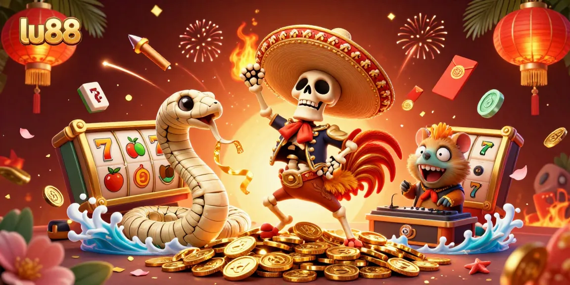 Join the excitement at lu88 with a dynamic celebration of gaming elements, showcasing victory and fortune.