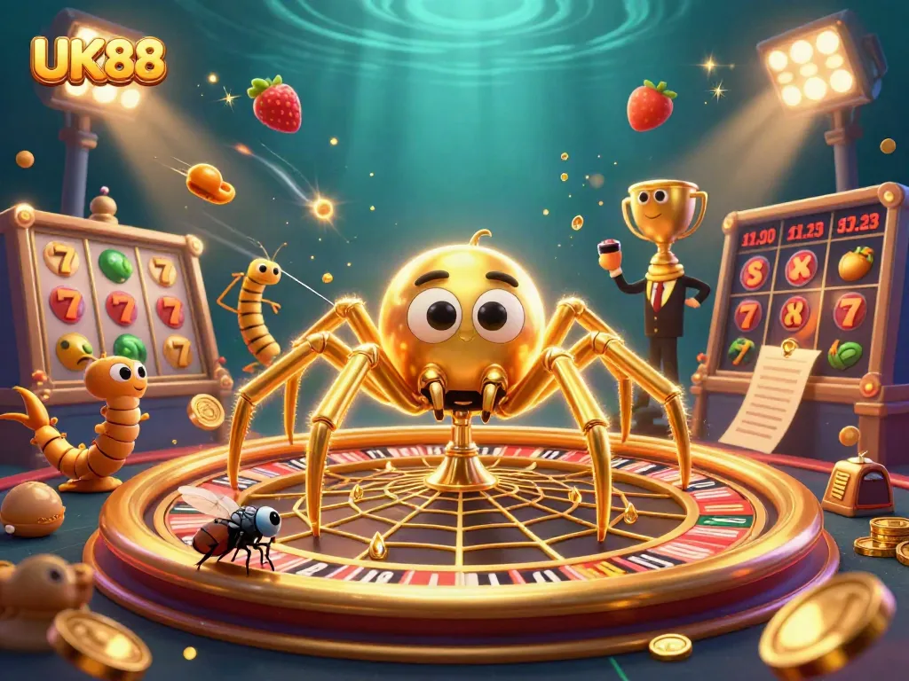 Watch UK88's thrilling roulette action with a golden spider and centipede dealer in this vibrant casino scene.