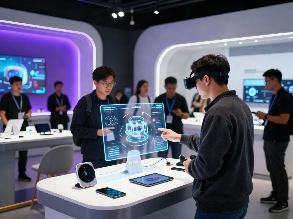 Pengguna menikmati pengalaman cermin4d di ruang pameran modern dengan tampilan holografik.